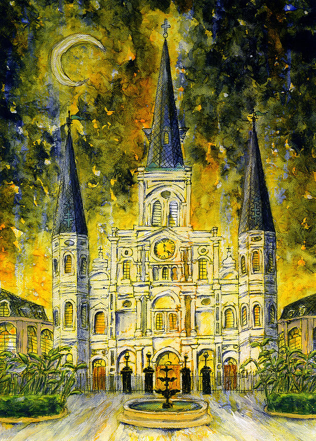 St. Louis Cathedral with yellow night Sky Painting by Catherine Wilson