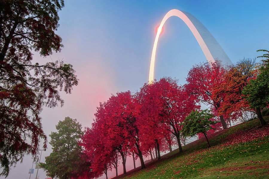 Skyline Photograph - St. Louis Gateway Arch Dressed in Red by Gregory Ballos