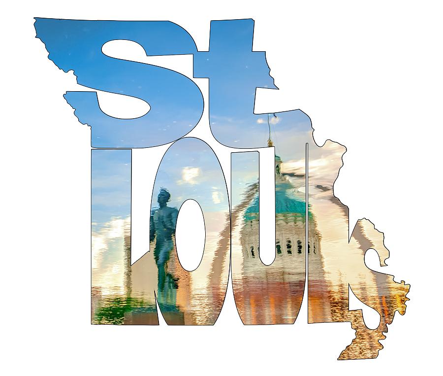 St. Louis Missouri Typography Artwork - Reflecting the Lou - State Shape Series Photograph by Gregory Ballos