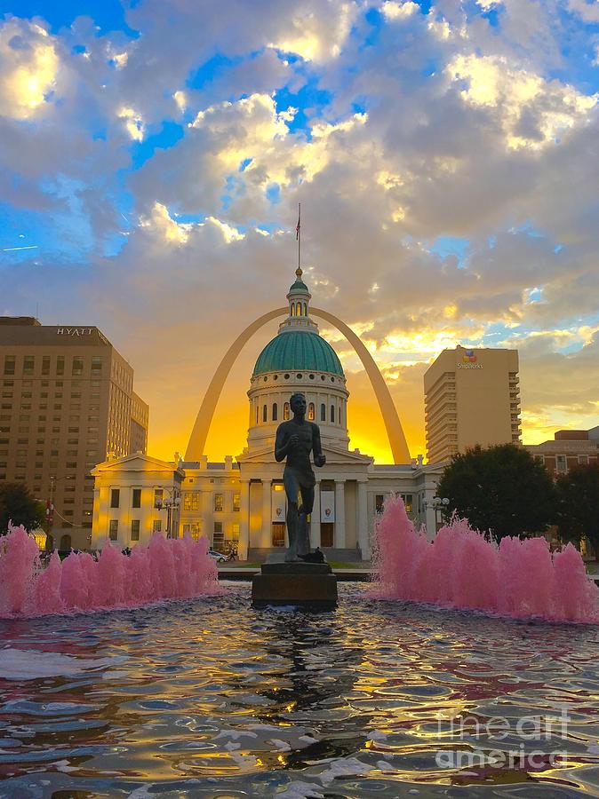 St Louis Sunrise at the Arch with Pink Fountains Portrait Photograph by Debbie Fenelon