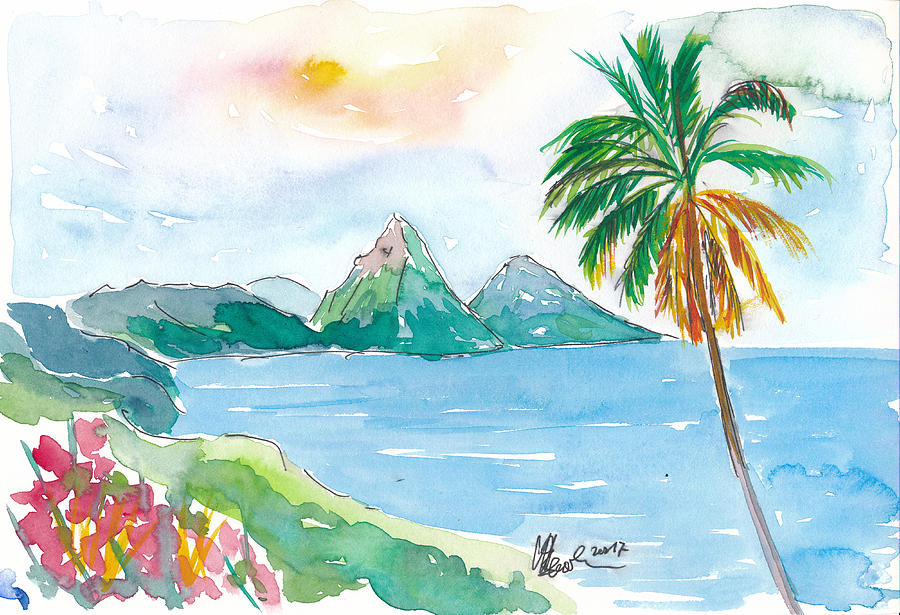 Caribbean Beach Painting - St Lucia Caribbean Dreams With Sunset and Pitons Peaks  by M Bleichner