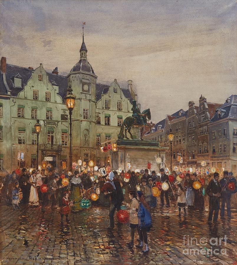 St. Martins Day Parade by the Dusseldorf Town Hall Painting by MotionAge Designs