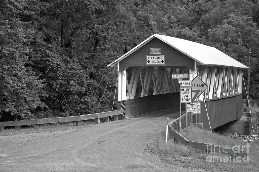 St. Mary Covered Bridge Around The Bend Black And White Photograph by Adam Jewell