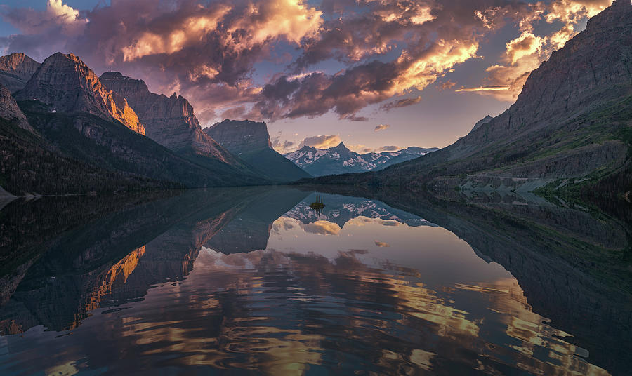 St Mary Lake at dusk Panorama Photograph by William Lee