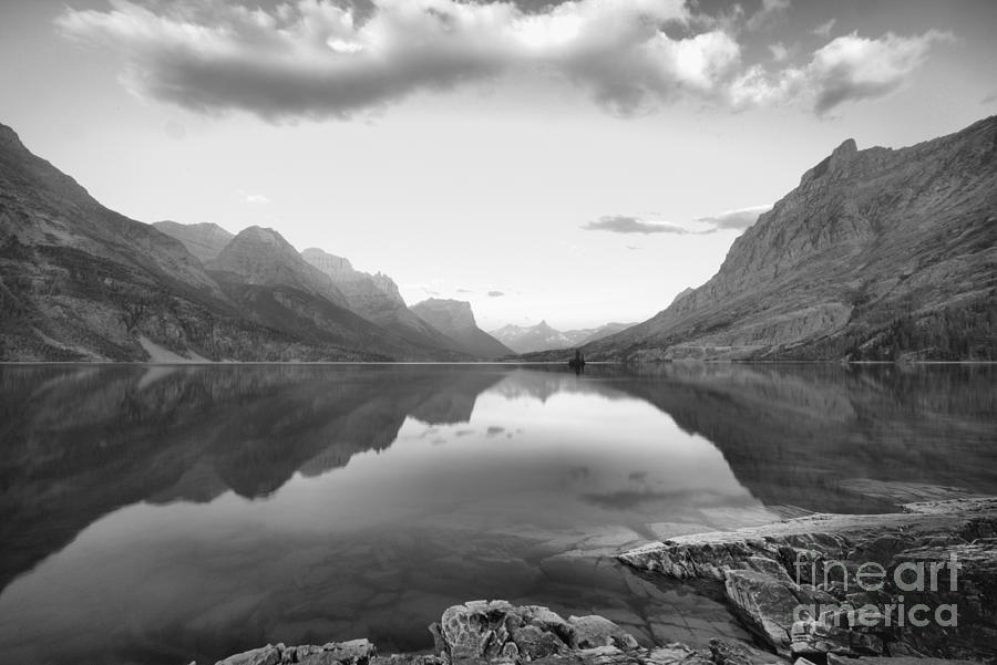 St Mary Lake Clouds And Calm Water Black And White Photograph by Adam Jewell