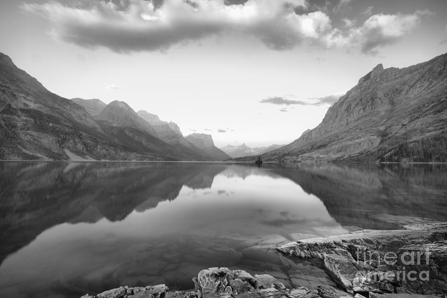 St Mary Lake Clouds And Sunrise Black And White Photograph by Adam Jewell