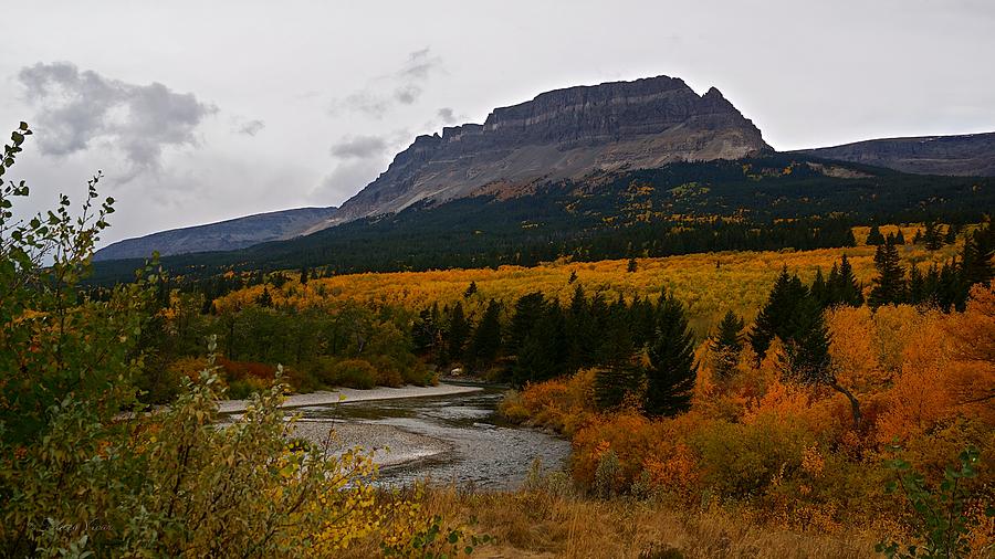 St Mary River And Singleshot Mountain, Autumn in Glacier National Park Photograph by Tracey Vivar