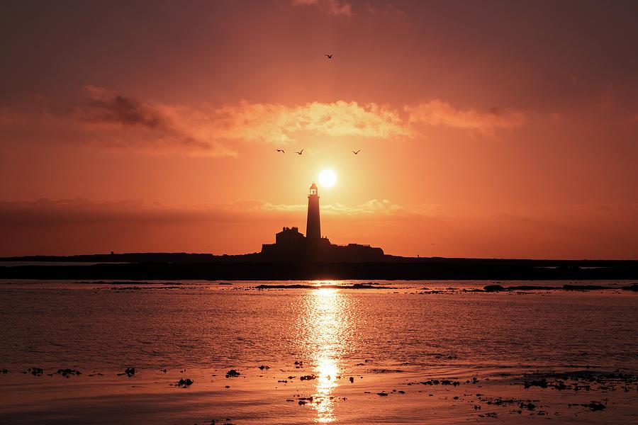 St Mary's Lighthouse and the Rising Sun, Whitley Bay, UK Photograph by ...