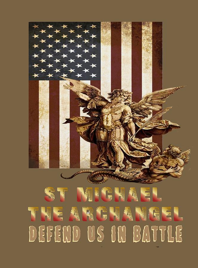 St Michael the Archangel and USA Flag 103 Mixed Media by Hieronymus - Detail