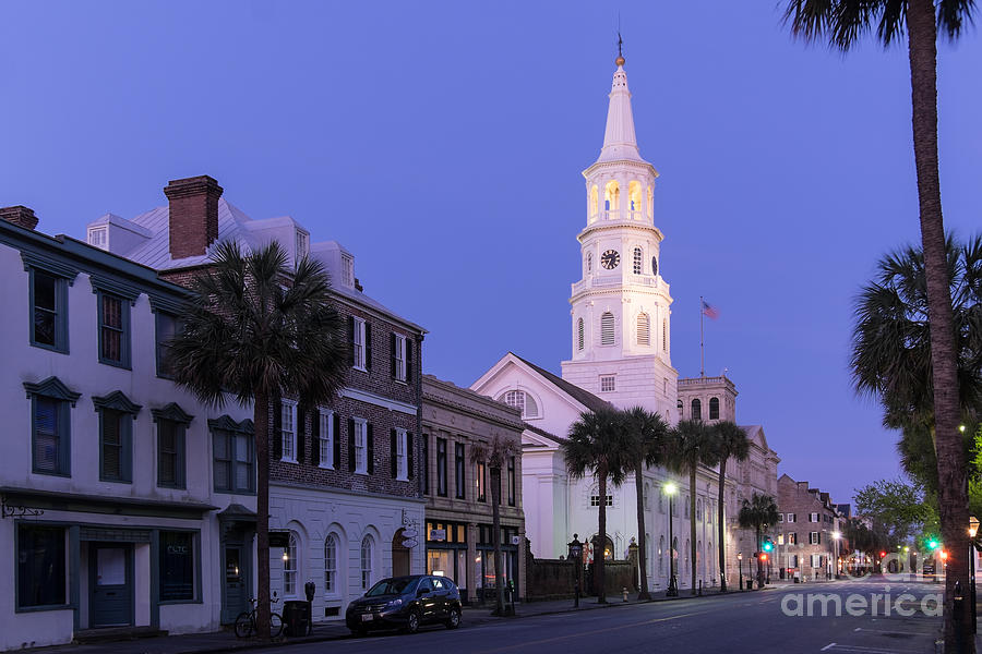 St. Michaels Church and Broad Street at Twilight Charleston South Carolina Photograph by Dawna Moore Photography