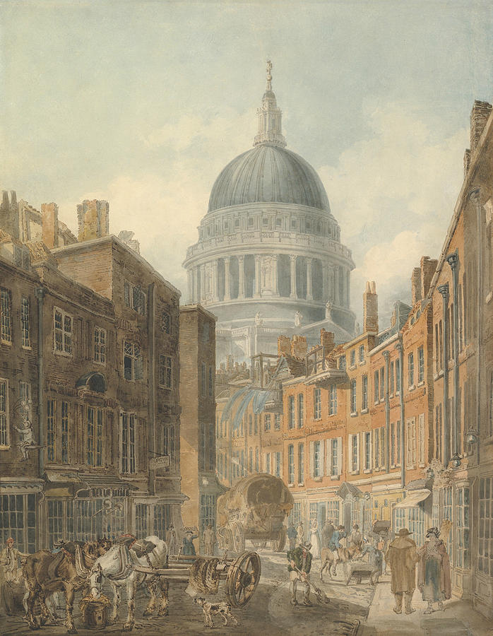 St. Pauls Cathedral from St. Martins-le-Grand Drawing by Thomas Girtin