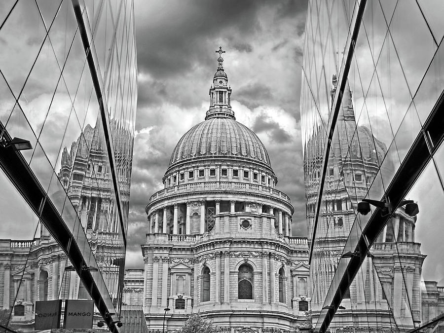 St Pauls Cathedral Reflections - Black and White Photograph by Gill Billington