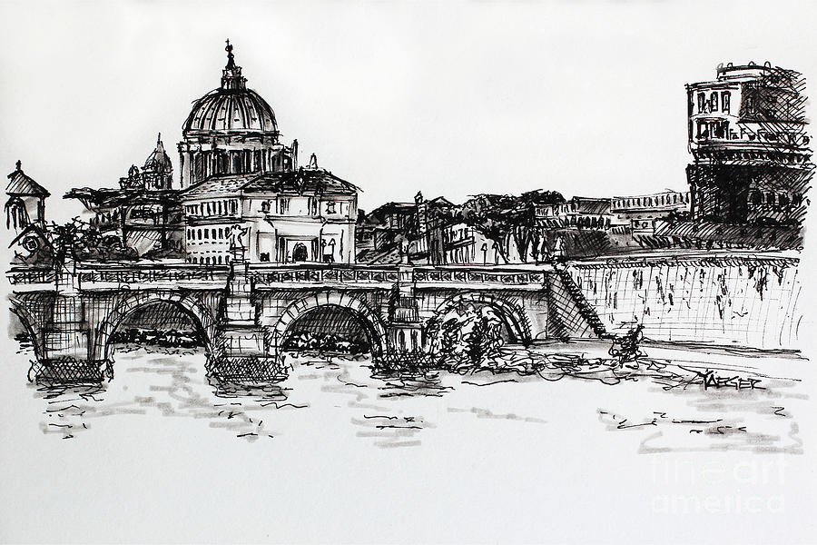 St Peters Basilica beyond the Tiber River Drawing by Robert Yaeger