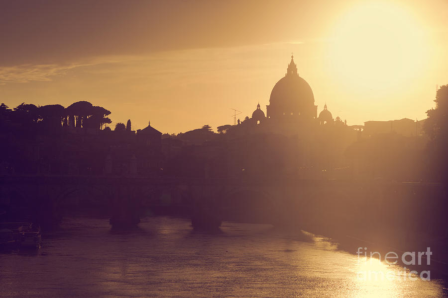 St. Peters Basilica, Vatican City.  Tiber river in Rome, Italy at sunset Photograph by Michal Bednarek