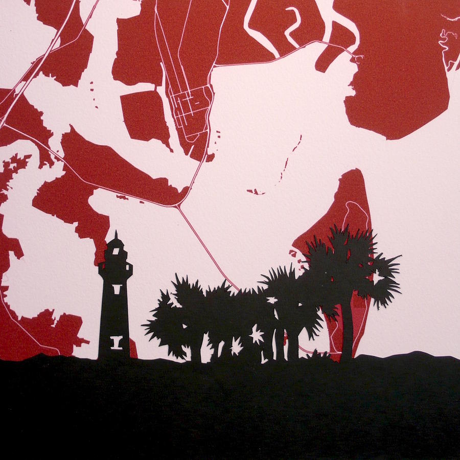 St Simons Island Map with Lighthouse Silhouette and Palm Trees Mixed Media by Anna Ruzsan