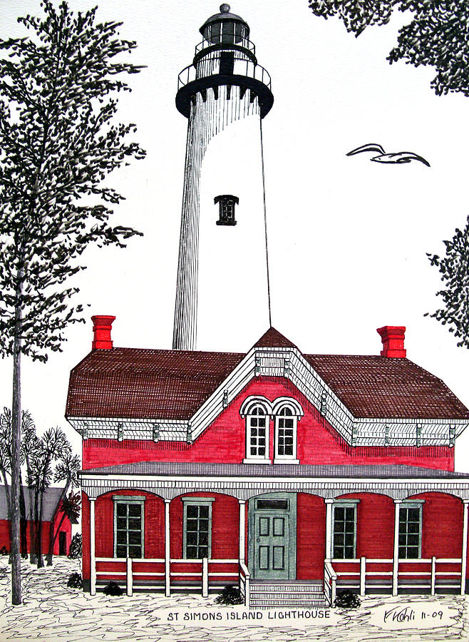 St Simons Lighthouse - Museum Drawing by Frederic Kohli