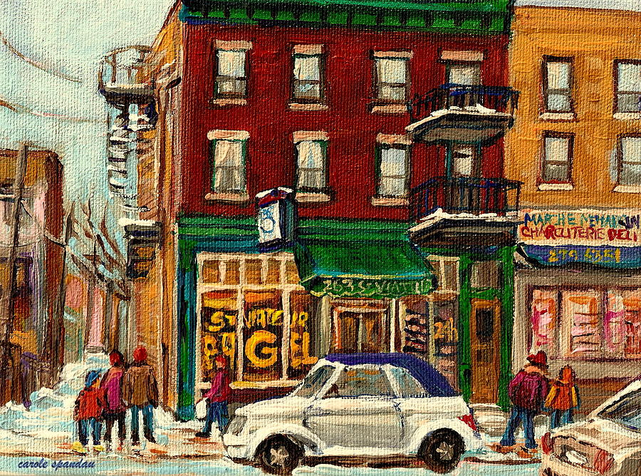 City Scene Painting - St Viateur Bagel And Mehadrins Deli by Carole Spandau