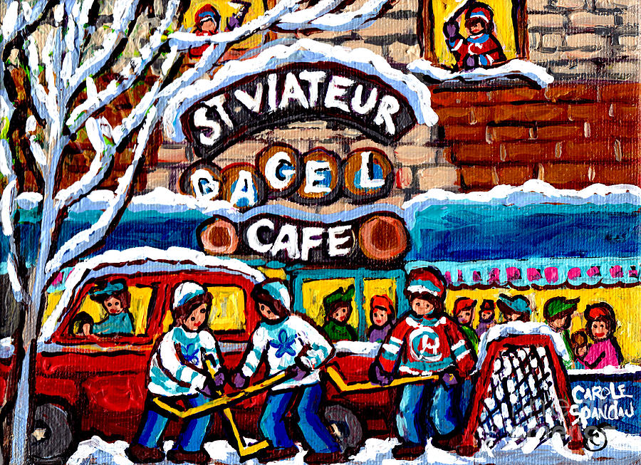 St Viateur  Bagel Cafe Monkland Streetscenemontreal Winter Hockey Art Canadian Painting C Spandau Painting by Carole Spandau