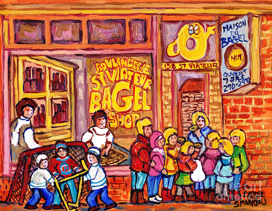 St Viateur Bagel Shop Montreal Art Kids And Bagels Hockey Fun C Spandau Canadian City Scene Painting Painting by Carole Spandau