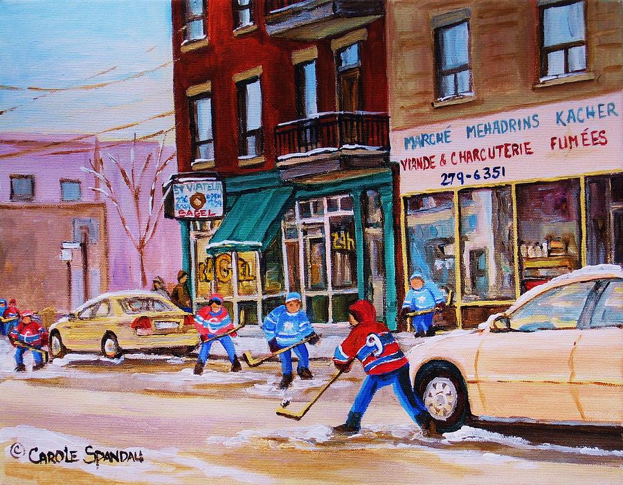 St. Viateur Bagel with boys playing hockey Painting by Carole Spandau