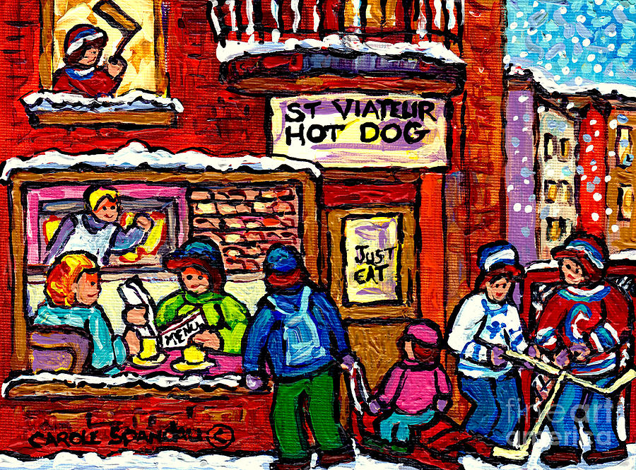 St Viateur Hotdog Montreal Winter City Scenes Hockey Art Canadian Artist Carole Spandau              Painting by Carole Spandau