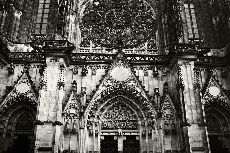 St. Vitus Cathedral. Architectural Details of Facade. Monochrome Photograph by Jenny Rainbow