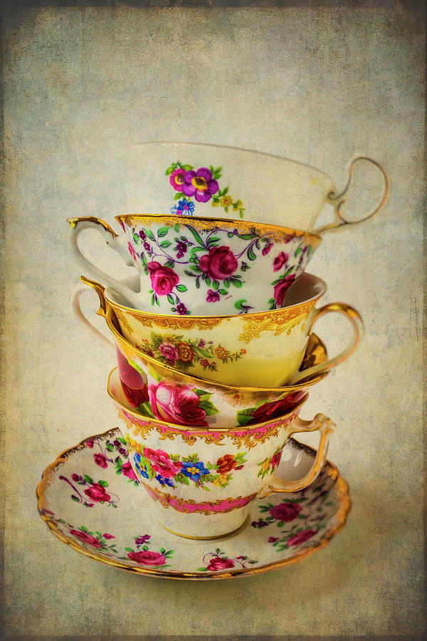Tea Photograph - Stack Of Pretty Tea Cups by Garry Gay