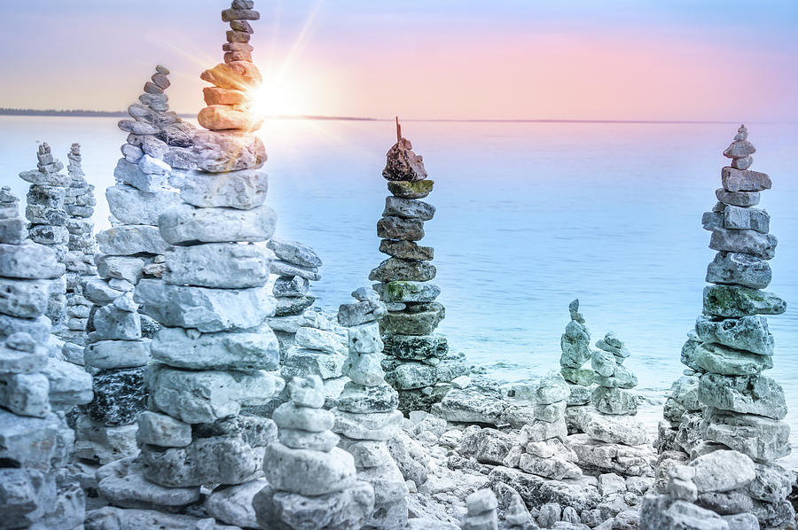 Stacked Stones At Cave Point State Park