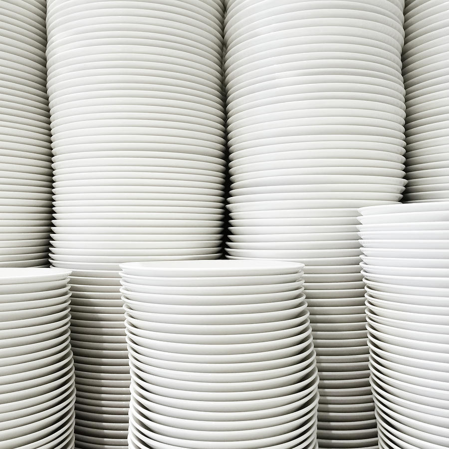 Plate Photograph - Stacked white plates by GoodMood Art