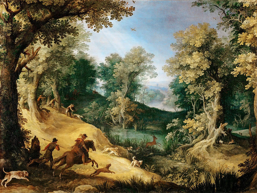 Stag hunt Painting by Attributed to Paul Bril