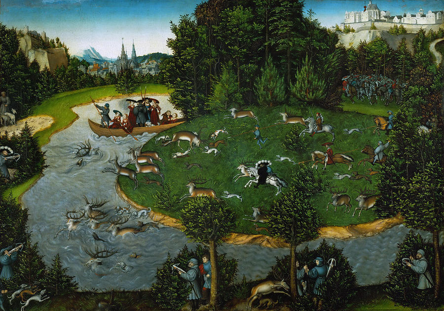 Stag hunt of Elector Frederick the Wise of Saxony Emperor Maximilian I and Elector Johann. Painting by Lucas Cranach the Elder