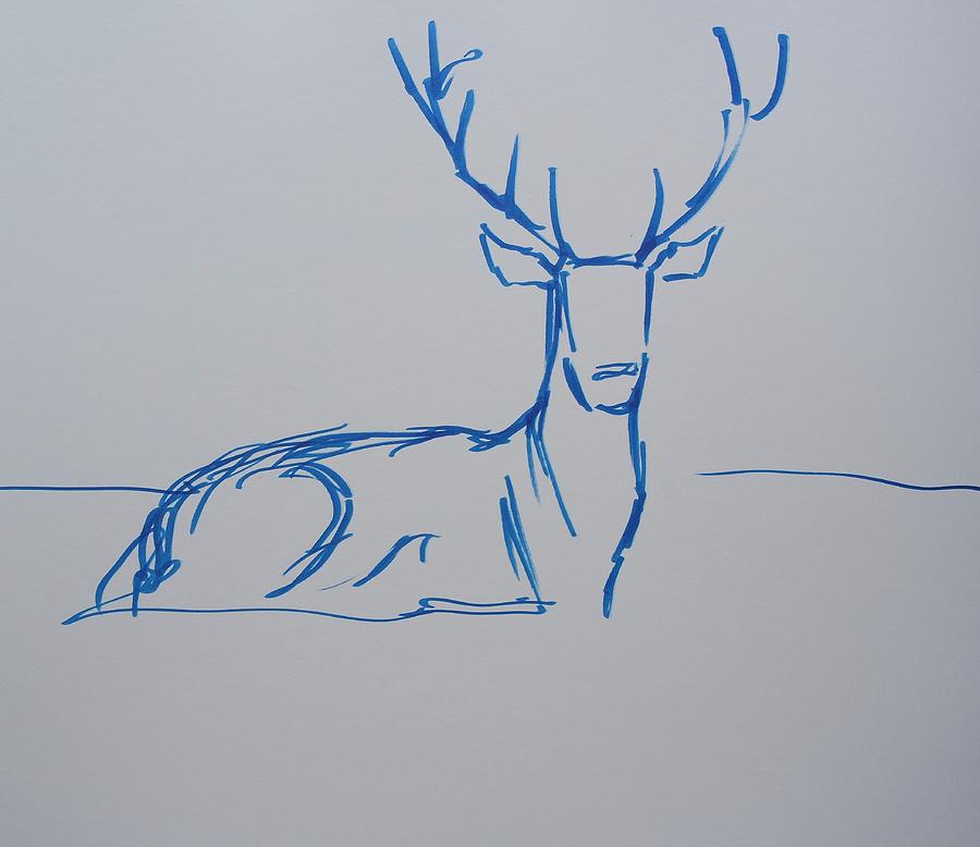 Stag With Antlers Lying Down Blue Line Drawing Drawing