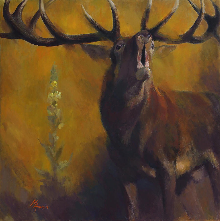 Stag with Mullein Painting by Attila Meszlenyi