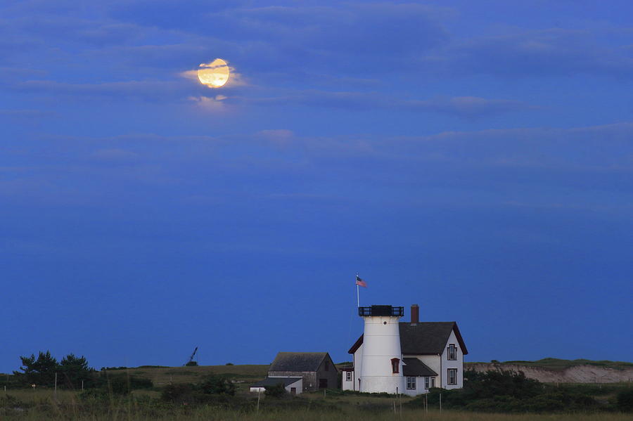 Stage Harbor Lighthouse Cape Cod Moon and Clouds Photograph by John Burk