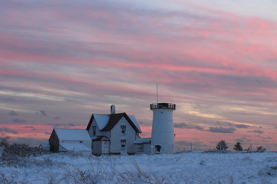 Stage Harbor Lighthouse Cape Cod Winter Sunset Photograph by John Burk