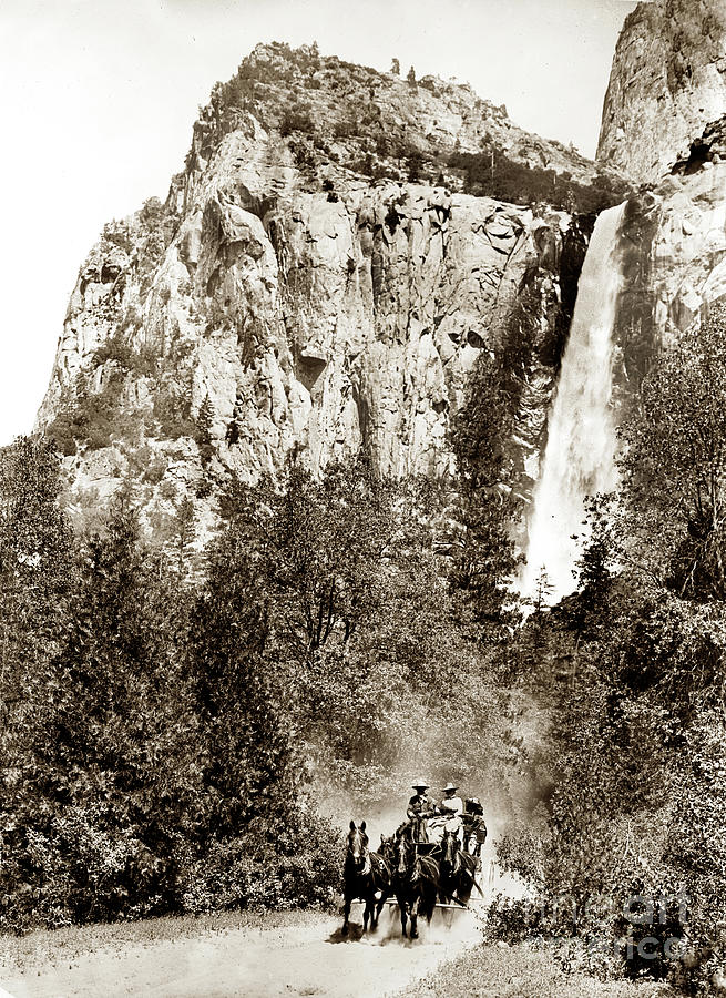 Yosemite National Park Photograph - Stagecoach and Bridalveil Falls Yosemite Valley circa 1900 by Monterey County Historical Society