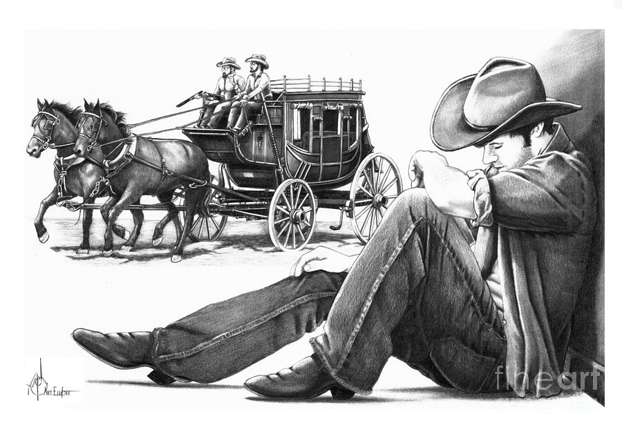 Stagecoach and Cowboy Drawing by Murphy Elliott