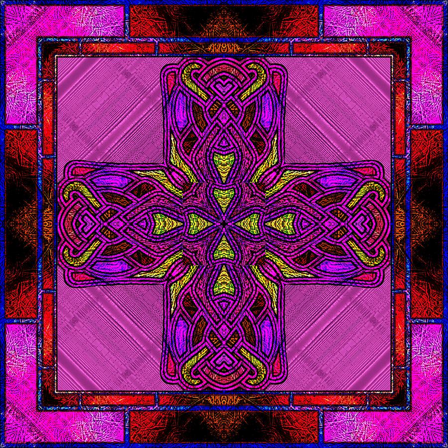 Stained Glass Celtic Cross in Scarlet Pink and Gold Digital Art by ...