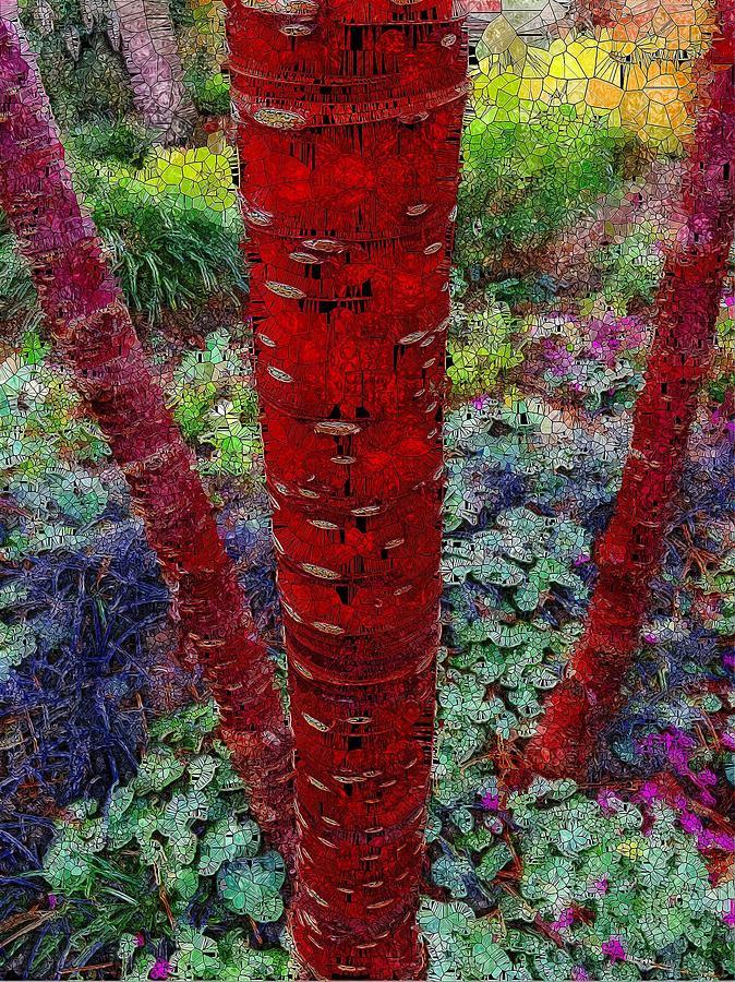 Stained Glass Red Tree Trunks Digital Art by Mo Barton