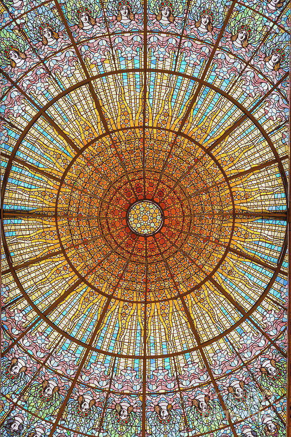 Stained glass skylight in Palace of Catalan Music  Photograph by Andrew Michael