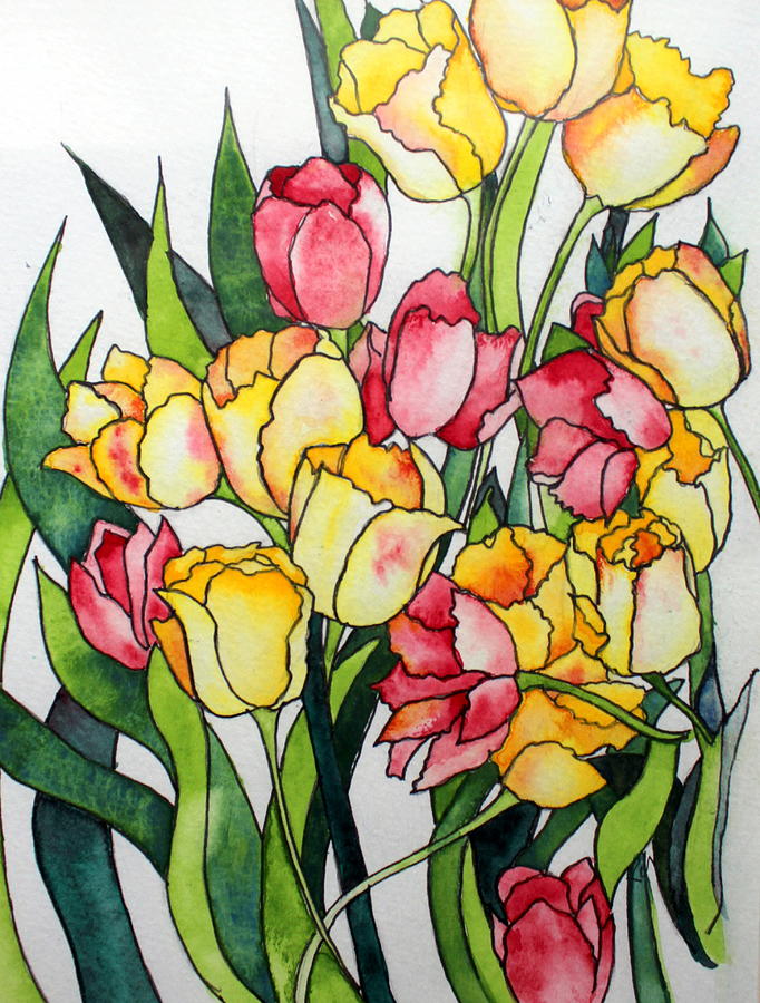 Stained Glass Tulips Watercolor Painting by Kimberly Walker