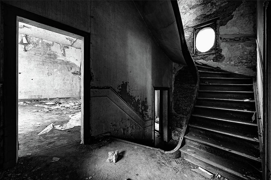 staircase abandoned mansion - urban exploration BW Photograph by Dirk Ercken