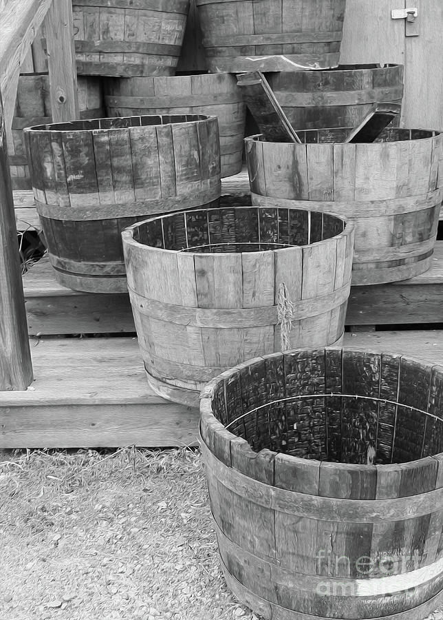 Black And White Photograph - Stairs of Barrels by Nina Silver