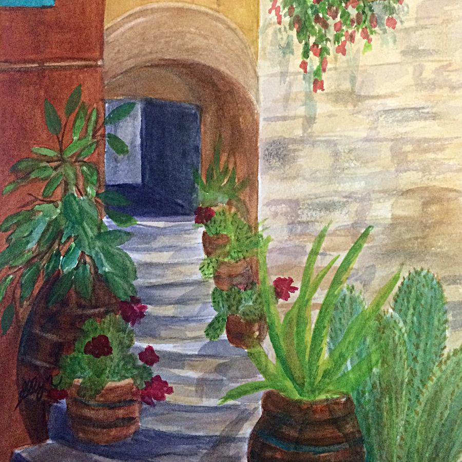Stairs Through The Arch Southwest Square Painting by Ellen Levinson