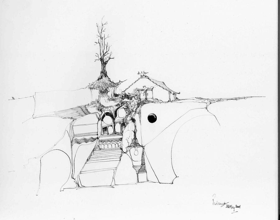 Stairs to a temple and a tree among rocks Drawing by Padamvir Singh