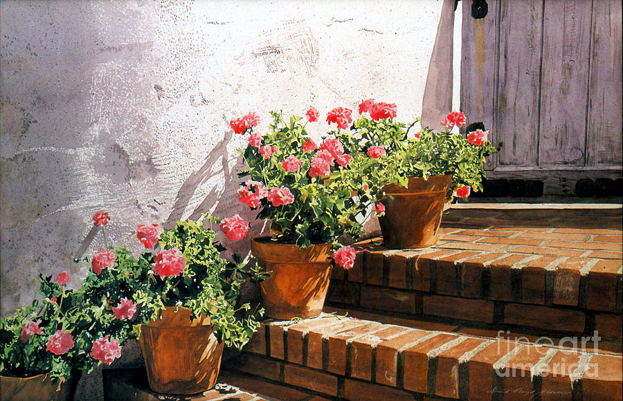Stairway of Geraniums Painting by David Lloyd Glover
