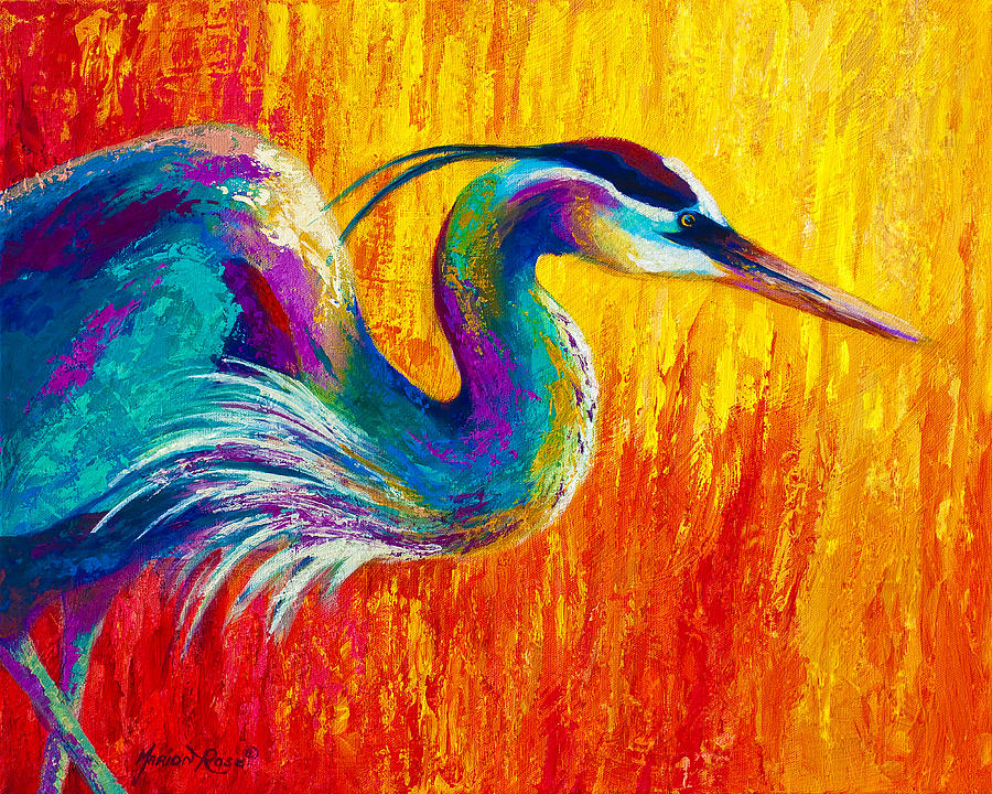 Heron Painting - Stalking The Marsh - Great Blue Heron by Marion Rose