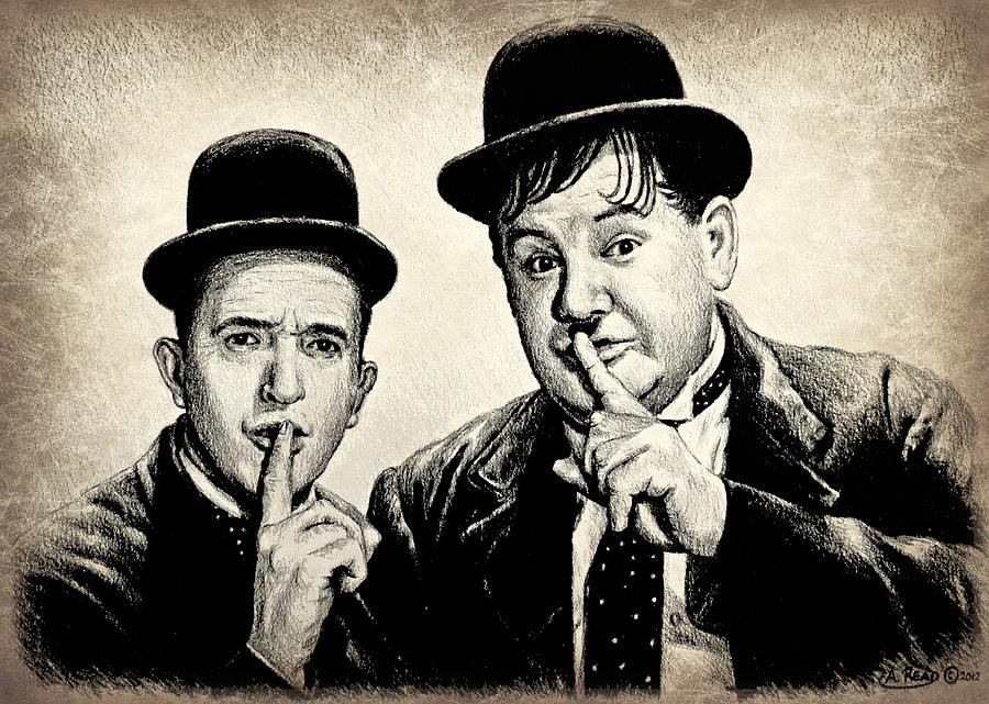 Celebrity Drawing - Stan and Ollie sepia effect by Andrew Read