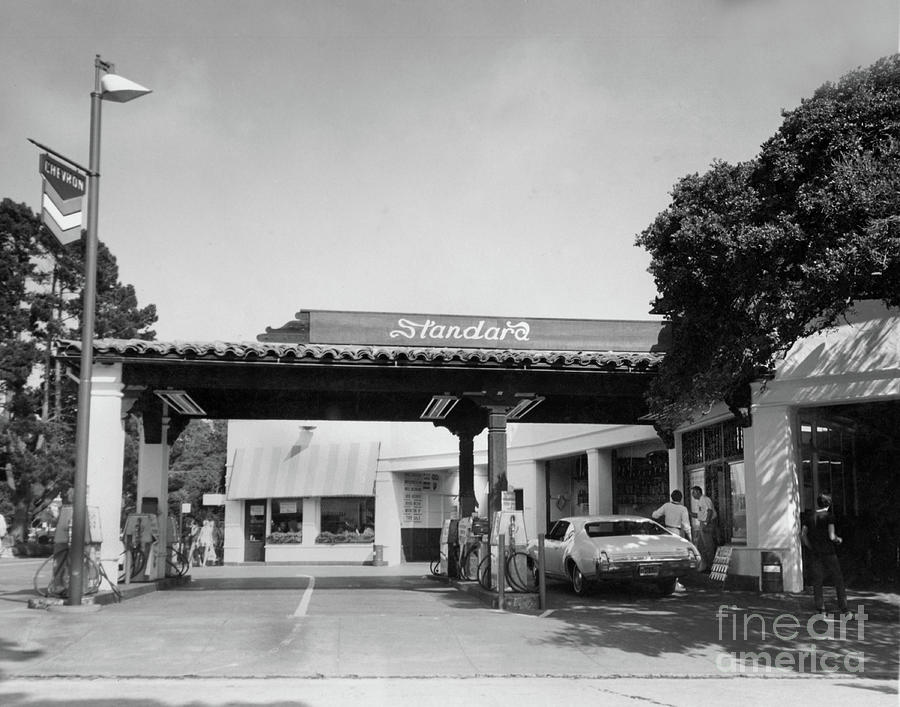 Fountain Photograph - Standard gas station on Ocean Ave. and San Carlos, Carmel, Calif circa 1968 by Monterey County Historical Society
