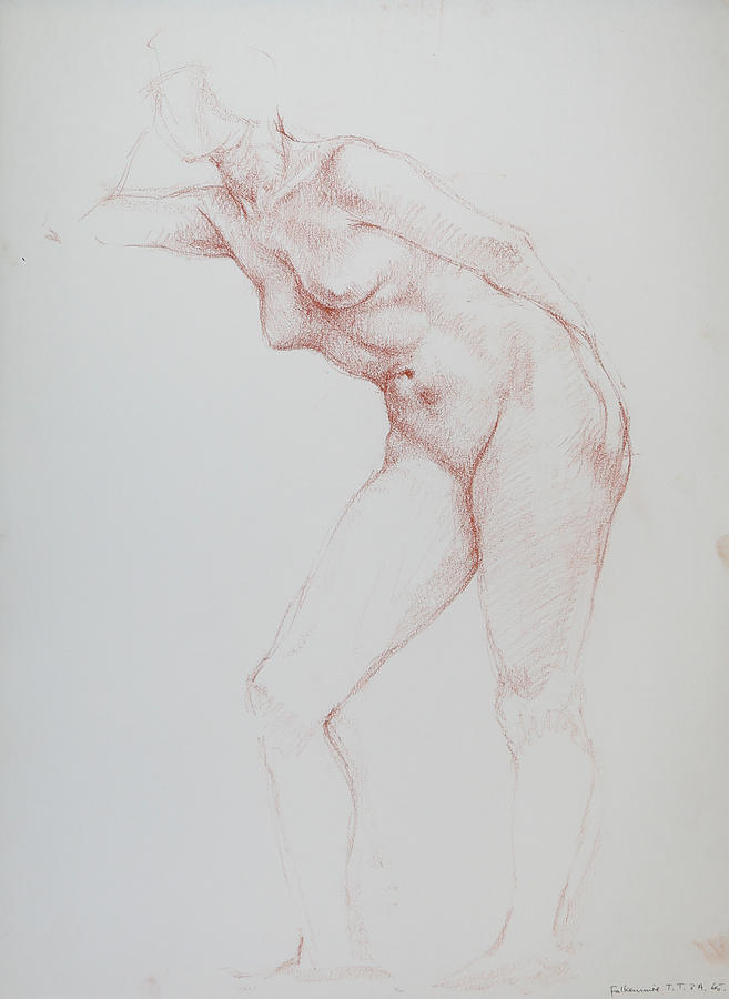 Standing female, bent right leg, leaning forward and rest on right arm, student work. Drawing by Jon Falkenmire
